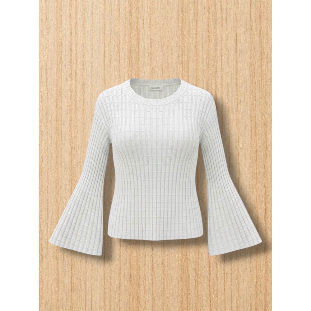 Senserise‎ Waffle Knit Bell Sleeve White Crew Neck Sweater Size S